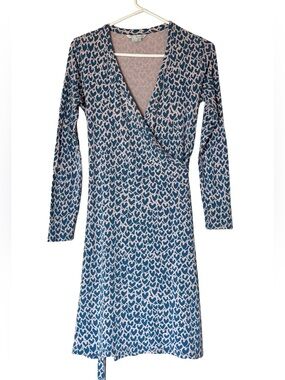 Boden True Wrap Dress Petite Blush Pink Blue Heart Stretch Jersey Women’s 6P